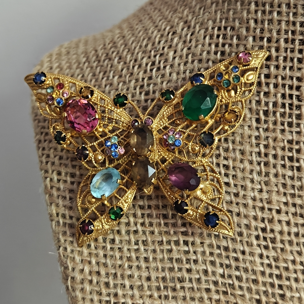 Vintage Czech Gilt Filigree Butterfly Brooch with Multicolor Glass Stones